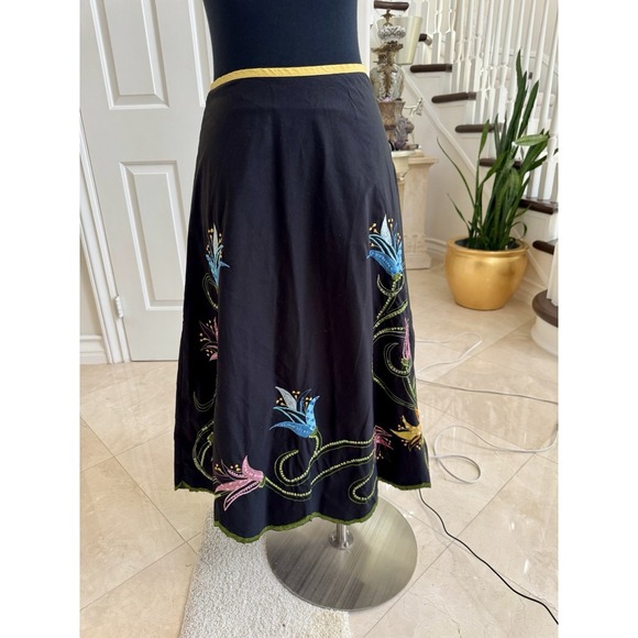 Basil & Maude Embroidered Sequin Black Pink Blue Floral Skirt Women's‎ 2 Boho - Picture 1 of 14